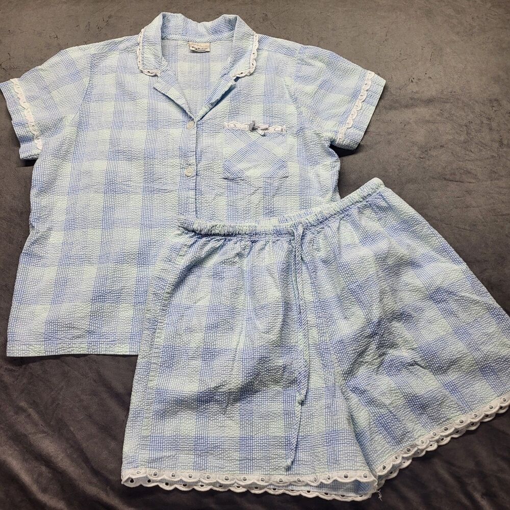 Jenny Buchanon Intimates Pajama Set Seersucker LG Plaid Summer 100% Cotton